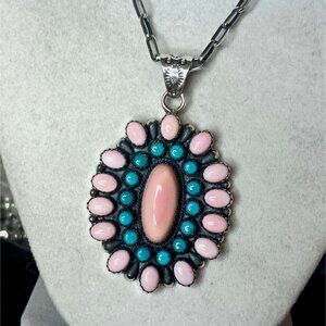 Huge 2.5" Long Handmade Sterling Silver Pink Conch Snake Eye Turquoise Cluster M